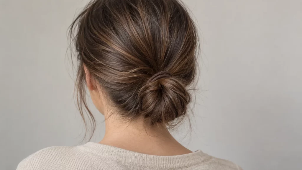 Vue arrière d’un chignon bas retenu par un élastique brun.
