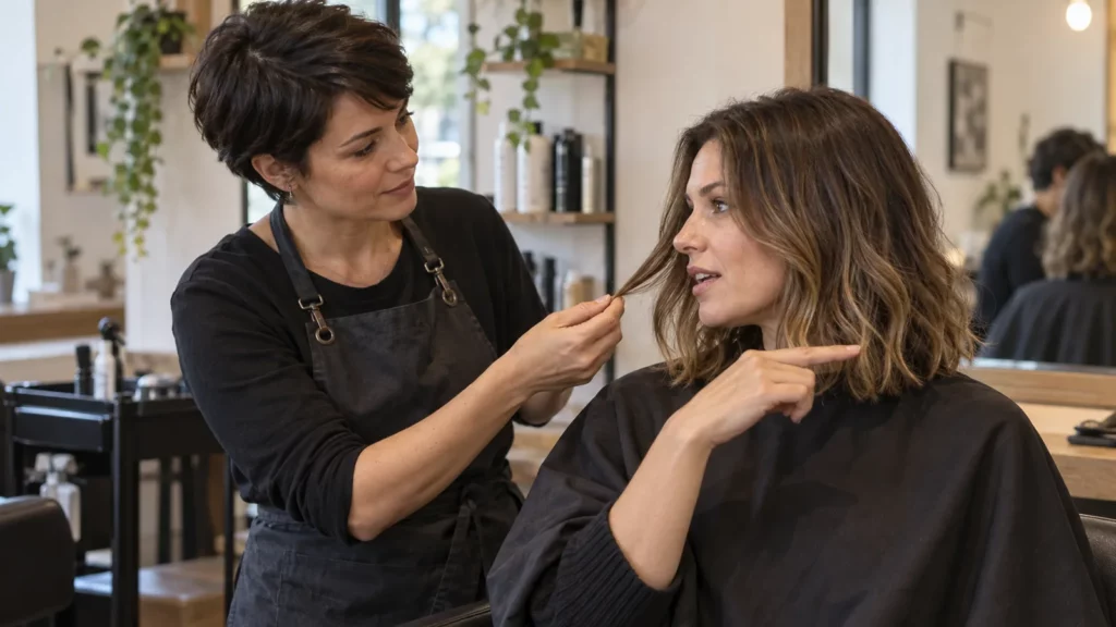 Coiffeuse échangeant avec une cliente sur sa coupe devant un miroir.