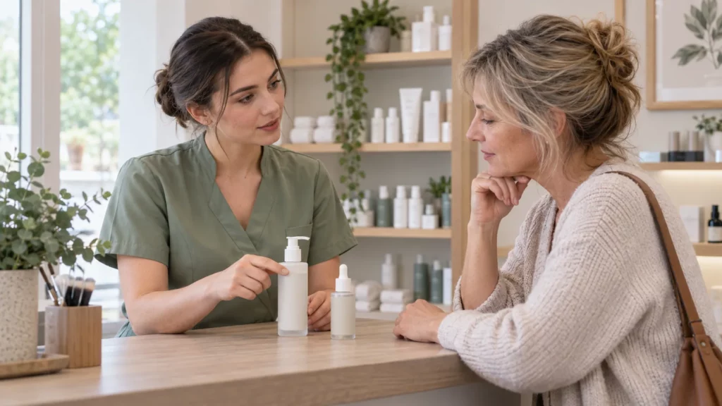 Conseillère beauté présentant un produit à une cliente au comptoir.