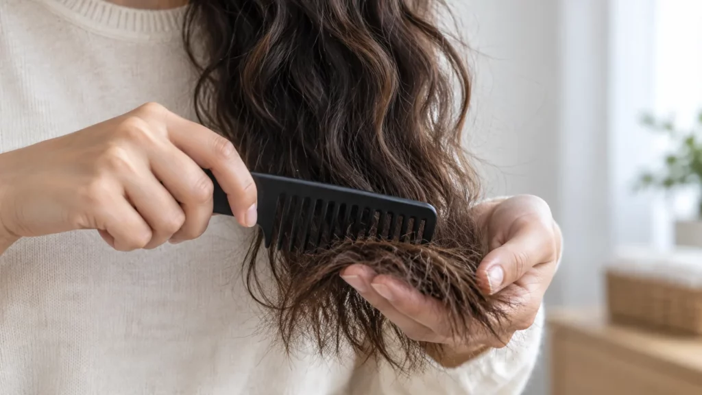 Démêlage des pointes de cheveux avec un peigne à dents larges.