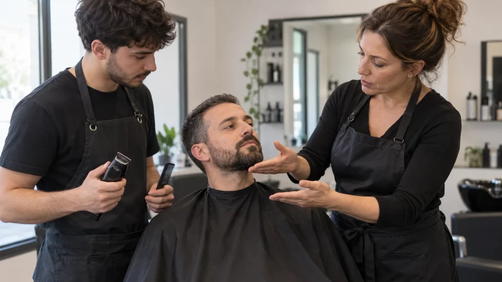 Une formatrice explique le travail de la barbe à un apprenant auprès d’un modèle.