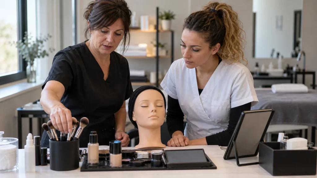 Deux femmes préparent un poste de maquillage autour d’une tête d’entraînement.