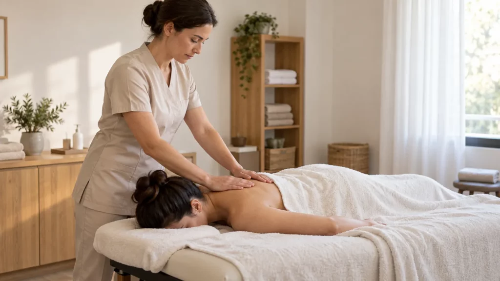 Praticienne réalisant un massage du dos dans une cabine de soins.