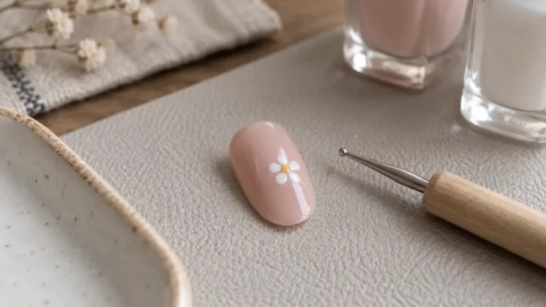 Capsule d’entraînement décorée d’une petite fleur blanche à points près d’un outil de nail art.