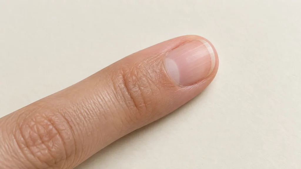 Gros plan d’un ongle naturel non verni, avec sa plaque rosée et son bord libre clair.