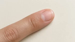 Gros plan d’un ongle naturel non verni, avec sa plaque rosée et son bord libre clair.