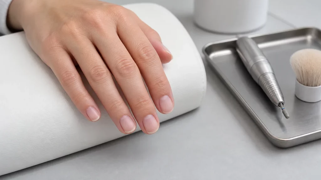 Main aux ongles naturels posée près d’un outil électrique de manucure au repos.