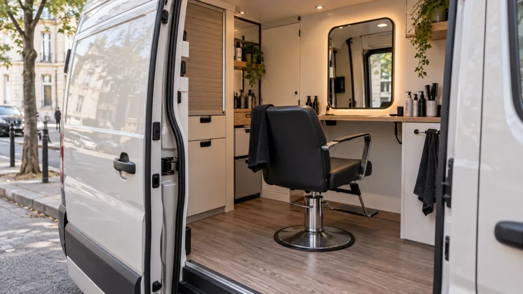 Intérieur d’un fourgon aménagé avec un fauteuil de coiffure, un miroir et des rangements.